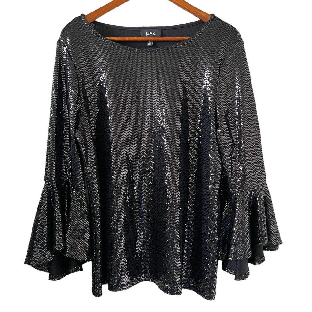 MSK NEW Sequined Bell Sleeve Shirt In Black Size XL